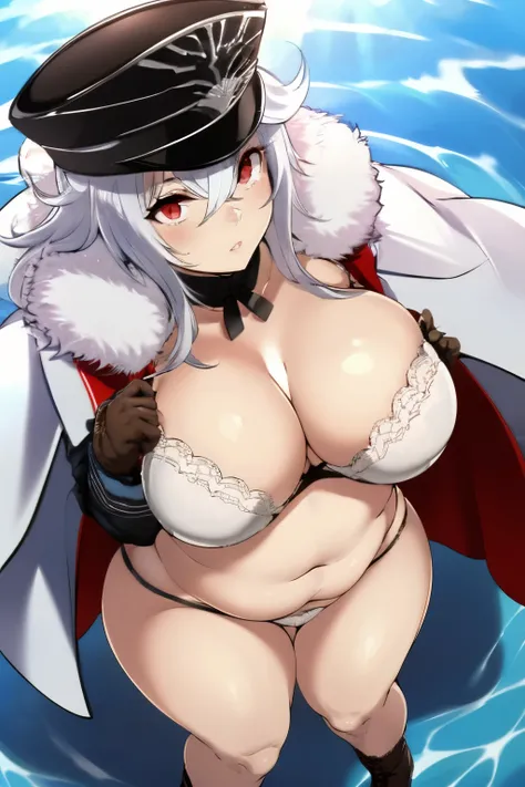 Top-quality, Super high resolution, masterpiece, highres, 8k, UHD, detailed lighting, shaders, Anime screencap, Anime coloring, Graf zeppelin, 1girl, solo, (Breast squeeze, Big boobs, Voluptuous, Plump, Chubby:1.5), Thick thighs, Big ass, Cleavage, White h...