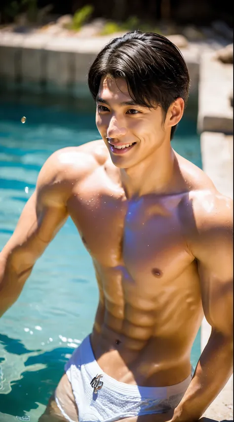 In the charming picture there is a handsome Korean man with his smile., His charm radiated as he proudly showed off his sixpack in a full standing pose.. He wore a white sexy bikini that highlighted his figure, He stood in the middle of an outdoor environm...