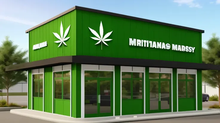 photo realistic marijuana dispensary building, full wide shot, the word marijuana on the front, a logo with marijuana plant on the front and sides, building isolated on a white background