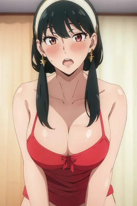 yor briar, 1girl, blush, black hair, hairband, jewelry, earrings, open mouth, solo, wide-eyed, sidelocks, swimsuit, upper body, ...