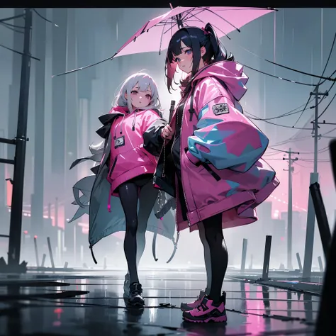 1girl, jacket, rain, outdoor, hoodie, open jacket, chain,cute, kawai, looking at another, trending on artstation, 8k resolution, highly detailed, anatomically correct, sharp image, digital painting, concept art, trending on pixiv, pink, attractive aspect, ...