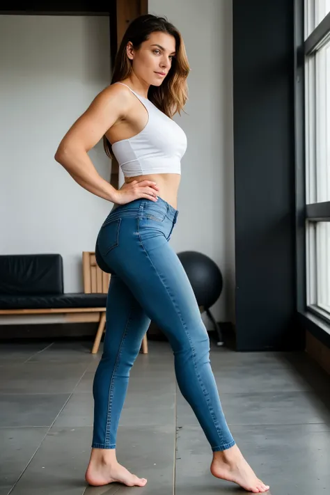 Full body recording, Barefoot, die Beine auf dem Boden, Feet, very big calves,  ROH, analog, Nikon Z 85mm,((best quality)), ((Meisterwerk)), ((realistisch)), Fitness-Influencer workout, dunkel braune glatte lange Haare, she shows her toned body, starke Bei...