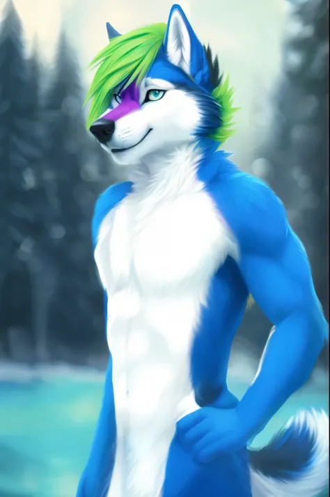 there is a painting of a wolf with a green and blue hair, furry fursona, fursona art, furry art!!!, anthro portrait, an anthro w...