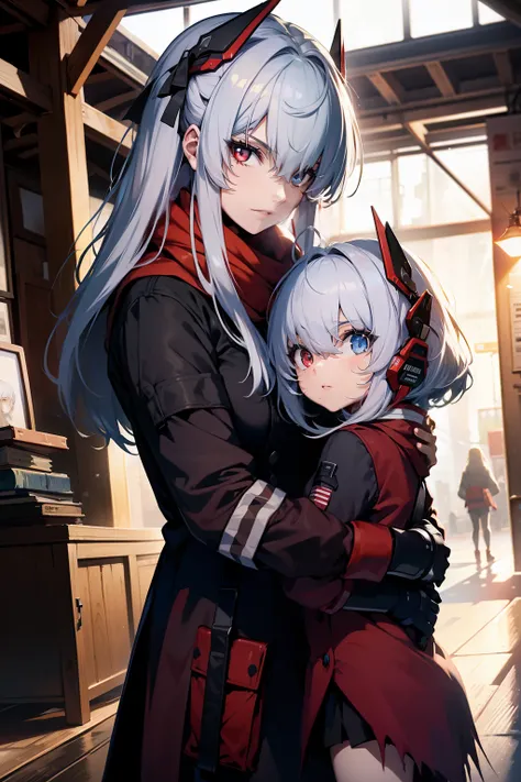 (masterpiece, best quality:1.2), illustration, 8k, hd, solo, (((2girls, mother and daughter,))) bangs, hair between eyes, white hair, red eyes, heterochromia eyes, age difference, red jacket, skirt