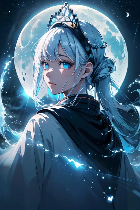 masterpiece, (best quality: 1.2), (Super fine: 1.2), illustration, (extremely delicate and beautiful: 1.2), film angle, floating, (beautiful details eyes: 1.1), (细节lamp: 1.1), lamp, Exquisite sky, Miss, white hair, blue eyes, (high ponytail: 1.1), cloak, g...