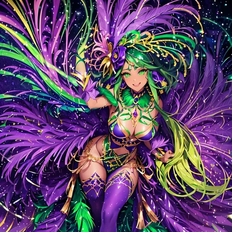 ((Beautiful)) ((Green eyes)) ((mardi gras theme)) ((extra larger breast)) ((hourglass figure)) ((wide hips)) ((Brown hair)) ((long hair)) ((Margi gras fitted outfit)) ((high purple stocking)) ((high green stocking)) ((glitter everywhere)) ((green glitter))...