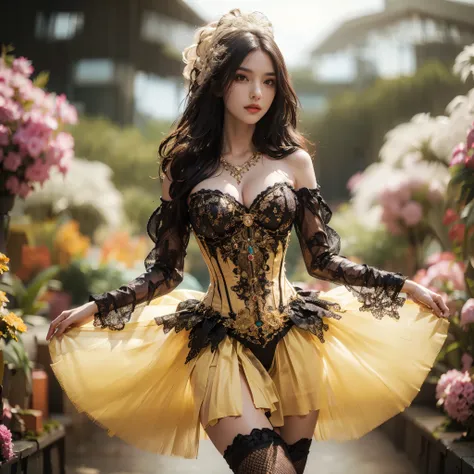 arafed woman with bustier gigantic breast in a corset and dress in front of a building, wearing an ornate outfit, ornate dress, intricate dress, elegant corset, ornate and elegant, extravagant dress, inspired by Hedi Xandt, ornate attire, intricate outfit,...