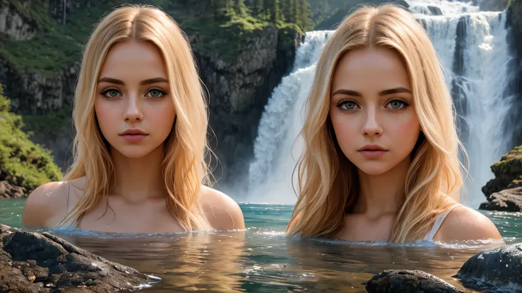 8k, best quality, masterpiece, realistic, ultra detail, photo-realistic, Increased quality, photo of one woman in a lake, a big waterfall in the background, wet hair, blonde hair, big eyes, long eyelashes, photorealistic, sunlight, rocks