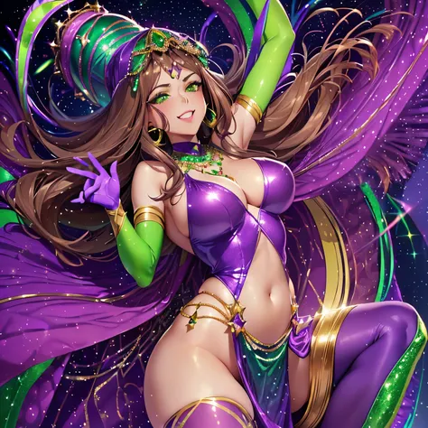 ((Beautiful woman)) (((one female)))((Green eyes)) ((mardi gras theme)) ((extra larger breast)) ((hourglass figure)) ((wide hips)) ((Brown hair)) ((long hair)) ((Margi gras fitted outfit)) ((high purple stocking)) ((high green stocking)) ((glitter everywhe...