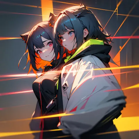 1girl, jacket, outdoor, hoodie, open jacket, chain,cute, kawai, looking at another, trending on artstation, 8k resolution, highly detailed, anatomically correct, sharp image, digital painting, concept art, trending on pixiv, soft femenine colors,neon color...