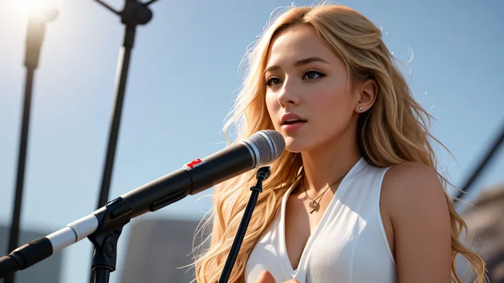 8k, best quality, masterpiece, realistic, ultra detail, photo-realistic, Increased quality, photo of a female singer on the outdoor stage, blonde hair, photorealistic, sunlight,