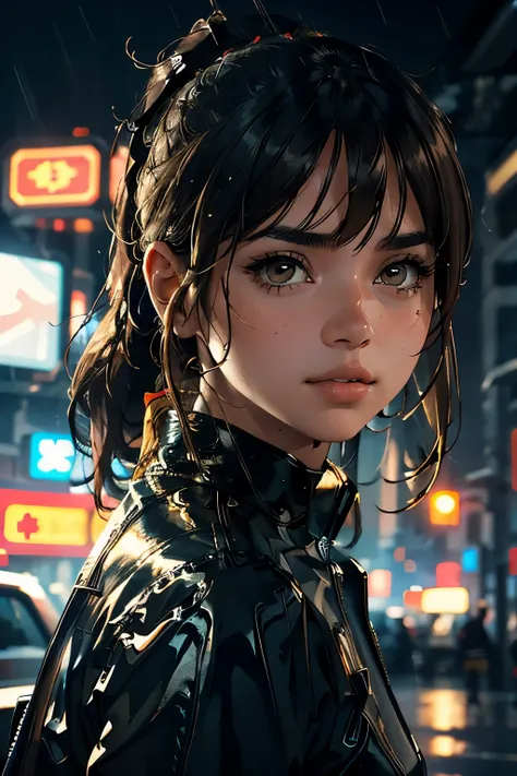 1girl, Brown skin, blonde ponytail, brown eyes, wearing a bulletproof vest, black long shorts, day time, nike shoes, the city street, cyberpunk, The ground was wet with rain, fall, during afternoon, Neon signs, Beautiful, absurderes, A high resolution, ult...