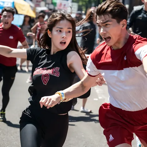 The man held the girls hand and ran ahead, the woman chased after her with an angry expression