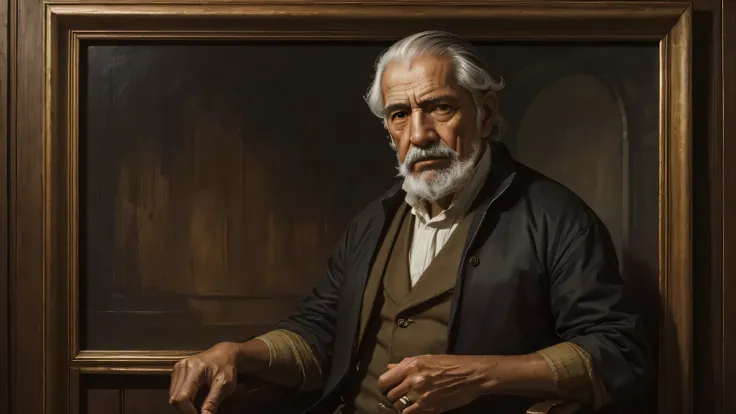 an oil painting of a gentleman, 70 anos, orando de joelhos, reminiscent of Diego Velázquezs masterful realism. rustic background, his thoughtful and introspective expression. quente, Tons terrosos dominam a paleta, creating a sense of depth and richness.