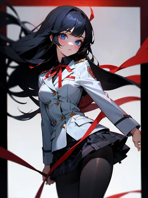 1 girl，Detailed details，long black hair，bangs，red ribbon,White blazer,red line uniform,Brown checked skirt，blue eyes,Black tights,evening,horror