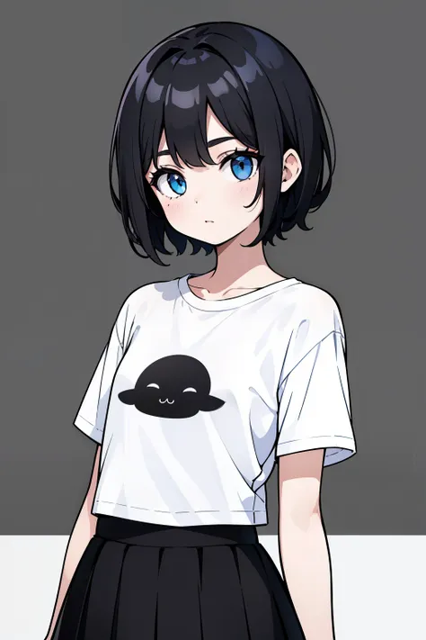 1girl, solo, blue eyes, (detailed eyes), flat chest, short hair, black hair, ((white t-shirt)), simple t-shirt, black skirt, bla...