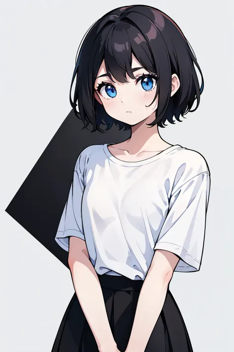 1girl, solo, blue eyes, (detailed eyes), flat chest, short hair, black hair, ((white t-shirt)), simple t-shirt, black skirt, bla...