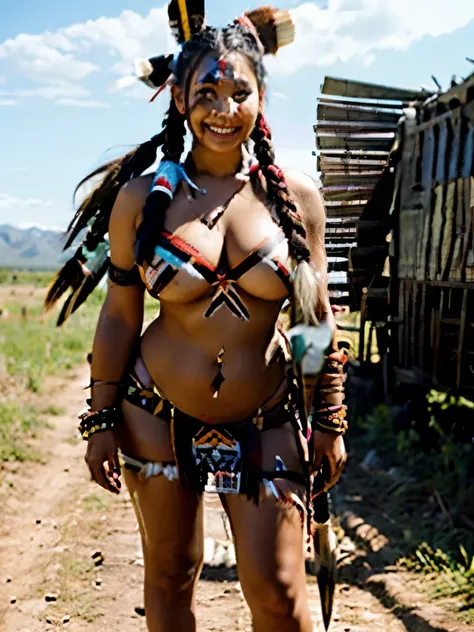 A native americn girl, busty, eighteen, plains background, tomahawk, native american clothing, full body, wide hips, braids, fully clothed, voluptuous, smiling, holding a tomahawk, war paint