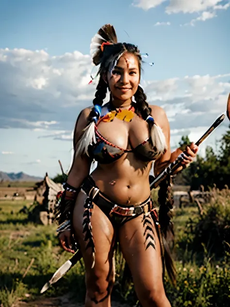 A native americn girl, busty, eighteen, plains background, tomahawk, native american clothing, full body, wide hips, braids, fully clothed, voluptuous, smiling, holding a tomahawk, war paint