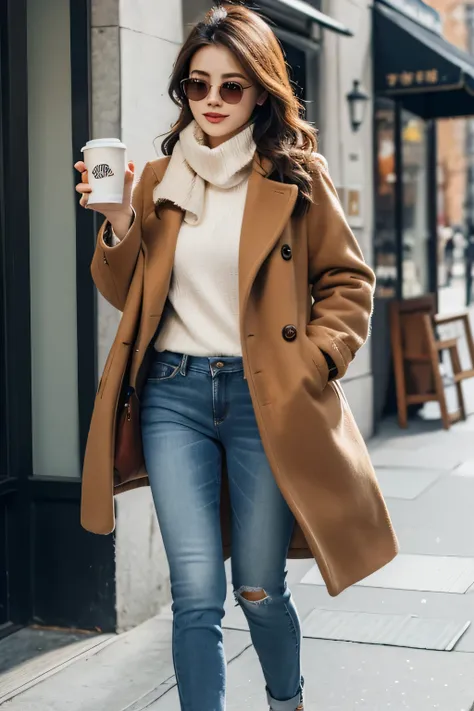 winter，autumn and winter jeans，Do not wear sunglasses，Wear a warm jacket and jeans in the sun，Holding a coffee cup，leisurely walk