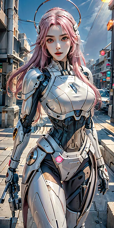 photorealistic, high resolution, soft light,1women, solo, hips up, (detailed face), pink hair, long hair, mecha musume, mechanical parts, robot joints, single mechanical arm, headgear, mechanical halo, star halo, electric mechanical bodysuit, mecha corset,...