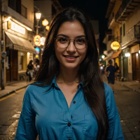 A brunette woman with large round glasses, cabelo castanho, olhos castanhos longos e encaracolados, Blue button down shirt, saia na altura do joelho, sorridente, walking down the street in the Provenza neighborhood in Medellín, at night, illuminated advert...