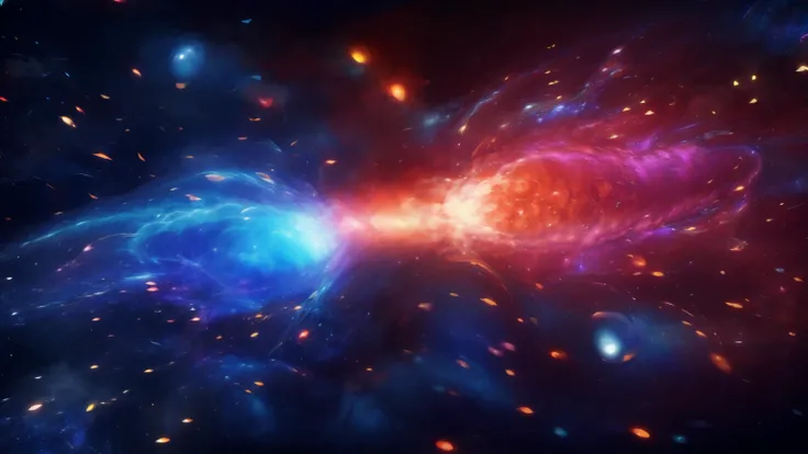 quantum entanglement, Close-up of red and blue stars surrounded by stars, cosmic and colorful, quantum death in space. deep space, glowing particles, Glorious galactic collision, dark neon color universe, Glowing galaxy background, Colorful nebula backgrou...