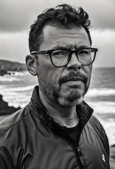 b&w photo of a man with glasses in black clothes, face, half body, body, high detailed skin, skin pores, coastline, overcast wea...