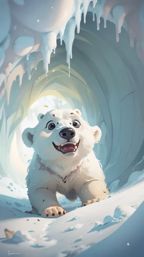 A cute polar bear jumps out of a snow cave，front view，close up, Pixar style, best quality, stills, very cute, big eyes,  ，Very happy，high details, high quality, masterpiece, ccurate, super detail，