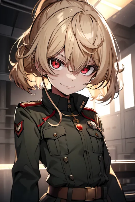 (masterpiece, best quality: 1.1), 1girl solo, tanya, 1girl, solo, petite, flat chest, small breasts, curvy, military, military uniform, ,, evil smile, wicked expression, anger, red eyes, neutral lighting