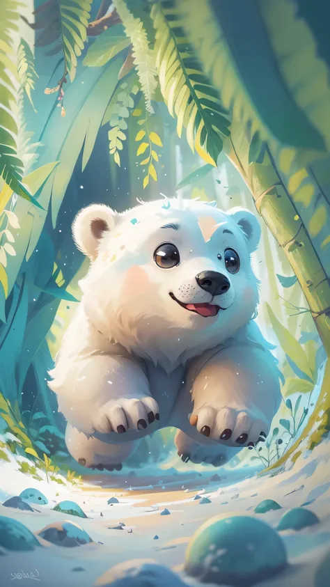 A cute polar bear jumps out of a snow cave，front view，close up, Pixar style, best quality, stills, very cute, big eyes,  ，Very happy，high details, high quality, masterpiece, ccurate, super detail，