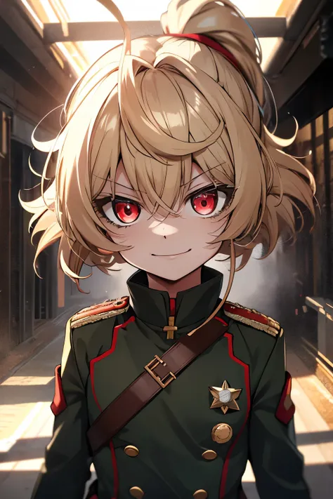 (masterpiece, best quality: 1.1), 1girl solo, tanya, 1girl, solo, petite, flat chest, small breasts, curvy, military, military uniform, ,, evil smile, wicked expression, anger, red eyes, neutral lighting