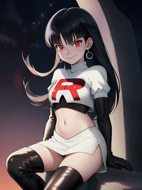 sabrinapkmn, black hair ,glossy lips, earings ,team rocket uniform, red letter r, white skirt,white crop top,black thigh-high bo...