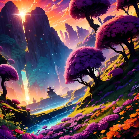 Fantasy meadow, tree with purple leaves, sunset, glowing light particles in the leaves, river, anime, colorful