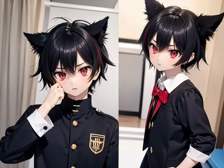 a boy,black hair,bright red eyes,wearing school uniform,upper body,cute face,cat ears and tail,annoyed expression,classroom sett...