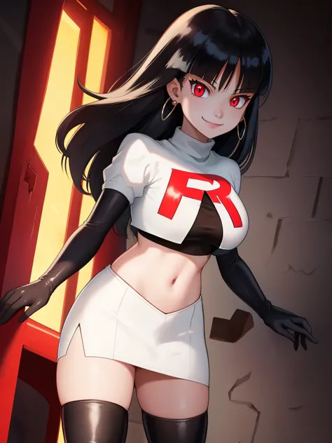 SabrinaPKMN, black hair ,glossy lips, earings ,team rocket uniform, red letter R, white skirt,white crop top,black thigh-high boots, black elbow gloves, closed mouth, evil smile, 