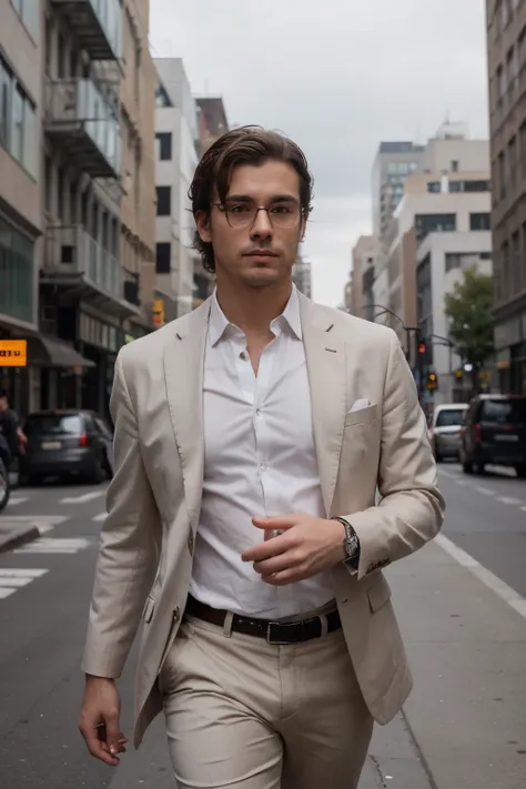 ((Mejor calidad)), ((obra maestra)), (detallado), cara perfecta An imposing businessman confidently striding through the bustling streets of New York. He wears an expensive suit that accentuates his muscular physique, showcasing impeccable style. His curly...