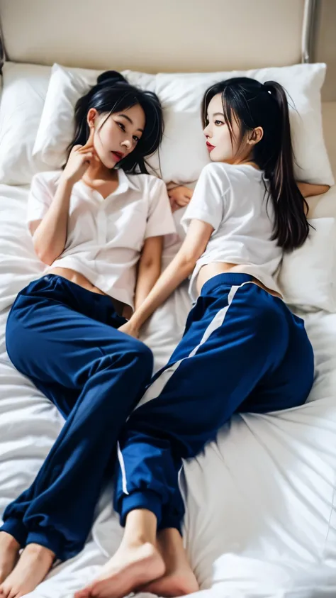 2 girls in bed, Navy blue short-sleeved shirt,Navy Long Trackpant,Sweatpants, Sweatpantsขายาว,25 year old girl, หญิงรักhave sex, sexy, lying on the bed., exercise clothes, have sex, Realistic gestures, 