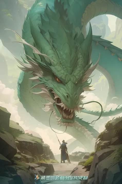 Close-up of a man standing on a path near a dragon, Krenz Kushat and Lin Wenjun, cyan chinese dragon fantasy, Chinese fantasy, author：Yang Jie, Ross Tran and Michael Whelan, Rose Tran and Bayard Wu, Wu Bayard, At that time Martin, author：Jeremy Zhang, dran...