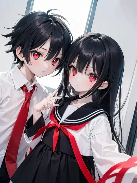 (((siblings, 1boy, 1girl))). the girl with long black hair and bright red eyes, wearing a japanese school uniform, expressionles...