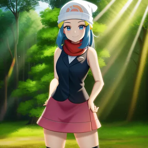 forest, light rays, 1girl, character_pokemon_dawn, solo, cowboy shot, looking at viewer, smile, closed mouth, hands on hips, beanie, hairclip, sleeveless shirt, skirt, kneehighs, scarf