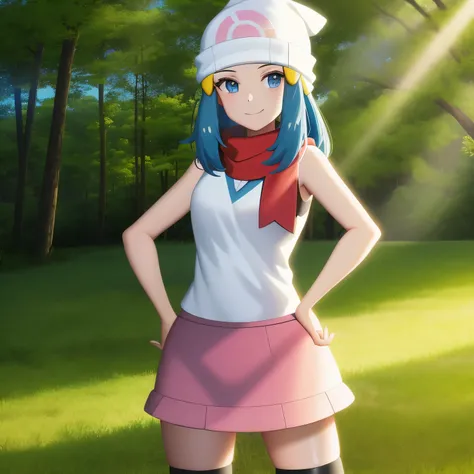 forest, light rays, 1girl, character_pokemon_dawn, solo, cowboy shot, looking at viewer, smile, closed mouth, hands on hips, bea...