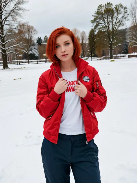 Beautiful girl in her 20s with red hair and medium short hair dressed in a jacket and snow pants posing in the snow.