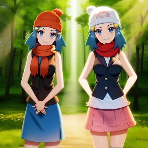 forest, light rays, 1girl, character_pokemon_dawn, solo, cowboy shot, looking at viewer, smile, closed mouth, hands on hips, beanie, hairclip, sleeveless shirt, skirt, kneehighs, scarf