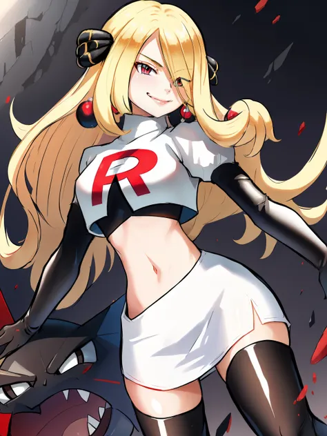 cynthia (pokemon), 1girl, solo ,blonde hair, hair covering one eye, hair ornament ,glossy lips, earings ,team rocket uniform, re...