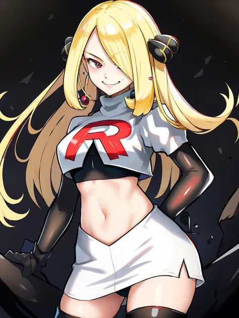 cynthia (pokemon), 1girl, solo ,blonde hair, hair covering one eye, hair ornament ,glossy lips, earings ,team rocket uniform, red letter R, white skirt,white crop top,black thigh-high boots, black elbow gloves, closed mouth, evil smile, 