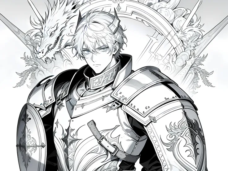 1 man (dragon knight), full armor, holding shield and sword, face to detail, detailed eyes, white hair, short hair, the background is white, monochrome (clear line, lineart)