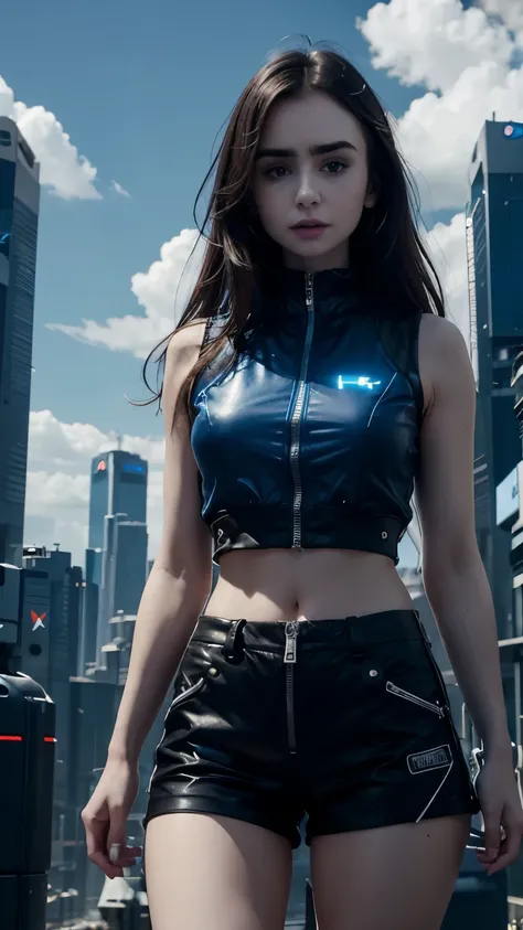 Lily Collins,Tall figure，skin，Upper body shorts，Black shorts，buttons，zipper，Complex workmanship，icon，company logo，Emit blue light，background with，future technology，cyberpunk city，，big gear，wind，Blue sky and white clouds，