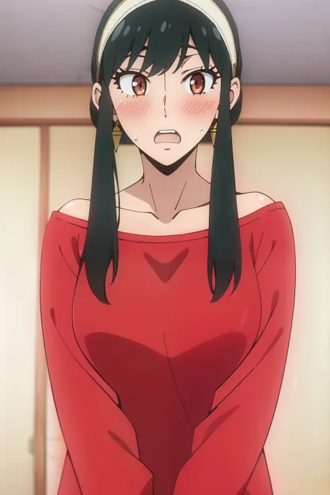 yor briar, 1girl, blush, black hair, hairband, jewelry, earrings, open mouth, solo, wide-eyed, sidelocks, red sweater, upper bod...