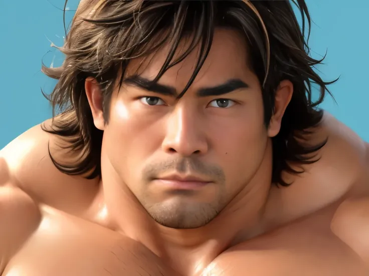 (highest quality:1.5), (masterpiece:1.5), simple background, close-up face, (Japanese:1.1), (messy hair:1.2), macho, (huge body:1.2), 36 years old, white speedo, Terribly confused expression